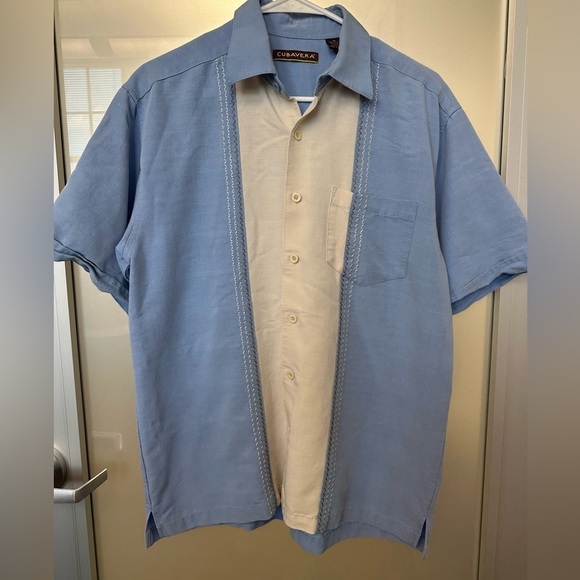 Cubavera Other - Vintage 80’s Cubavera Cuban Style Vacation Shirt Side Slits size med Blue Cream